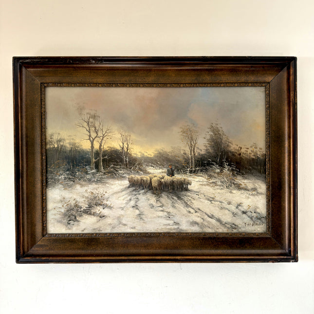 Intriguing Oil Painting Winter Landscape "Shepherd With Sheep" Belgique Art Holland Art Shop