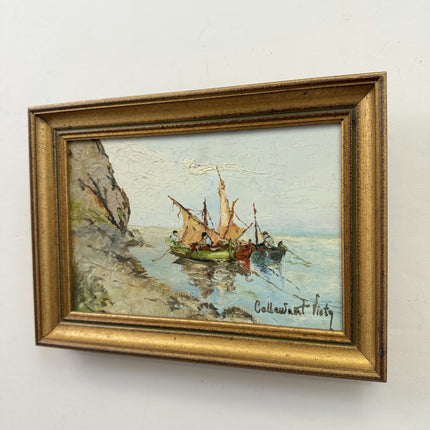 Vintage Seascape Oil Painting "Fishing Boats" Traditional Small Art Holland Art Shop