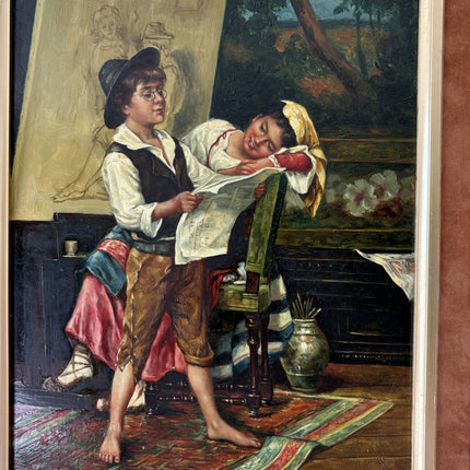 Detailed Figurative Oil Painting "Reading Boy" Rustic Small Artwork Holland Art Shop