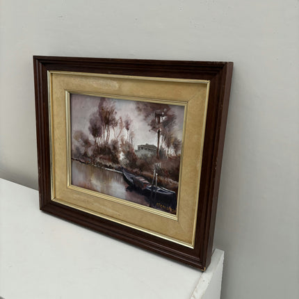 Refined Seascape Oil Painting "Docked Boat" Rustic Small Art Holland Art Shop