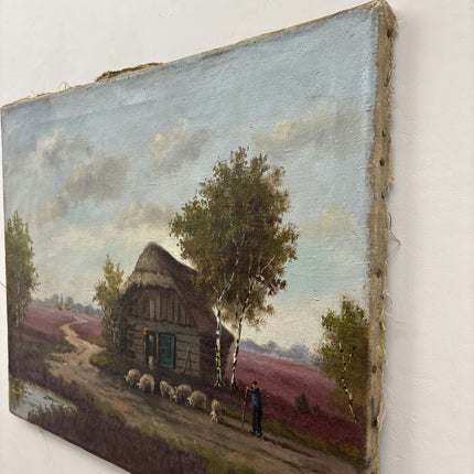 Antique Farm Oil Painting "Thatched Cottage" Detailed Art Holland Art Shop