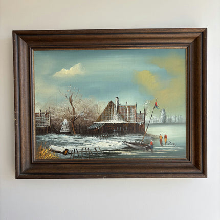 Expressive Winter Landscape Oil Painting "Fishing Boat" Original Artwork Holland Art Shop