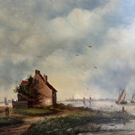 Rustic Harbor Scene Oil Painting "Sailing Boat" Vintage Dutch Artwork Holland Art Shop