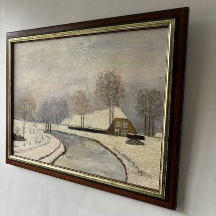 Handcrafted Winter Landscape Oil Painting "Snowy Cottage" Rustic Art Holland Art Shop