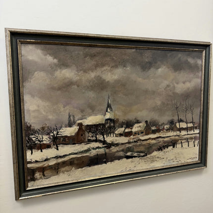 Vintage Winter Landscape Oil Painting "Snowy Village" Refined Belgian Artwork Holland Art Shop