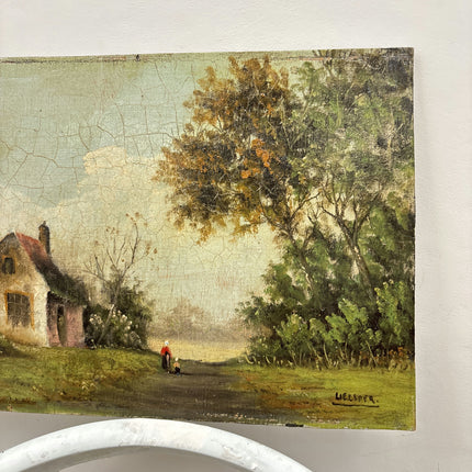 19th Century Antique Landscape Oil Painting "Country Cottage" Small Artwork Holland Art Shop