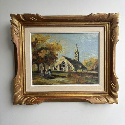 Refined Landscape Oil Painting "Stone Church" Authentic Small Artwork Holland Art Shop
