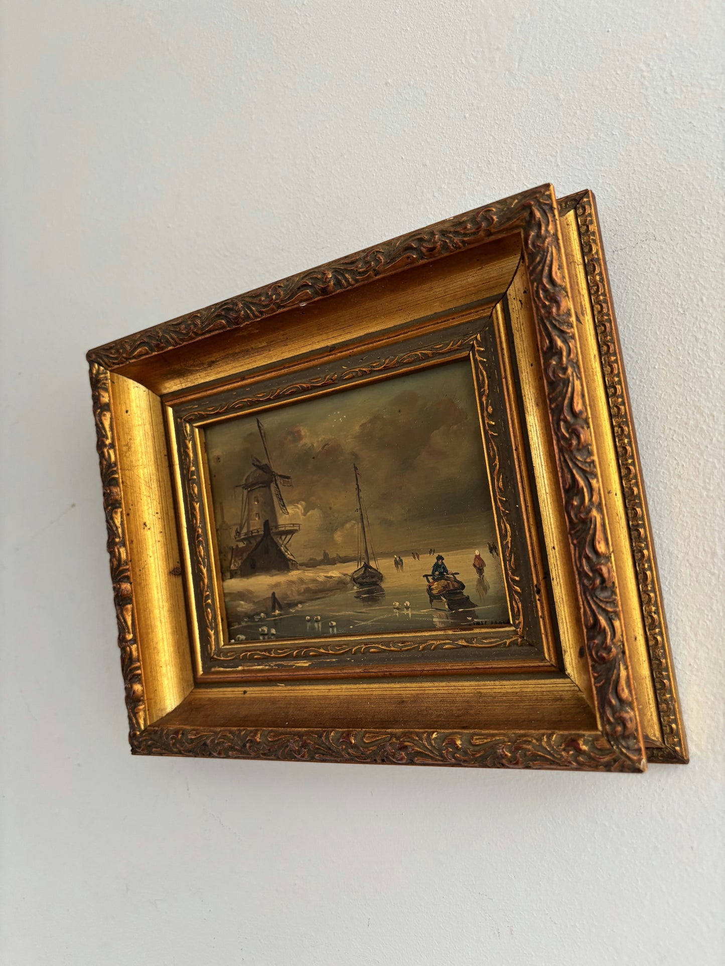 Remarkable Oil Painting Winter Landscape "Windmill Scene" Intriguing Small Art