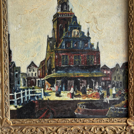 Handcrafted Harbor Scene Oil Painting "City Church" Elegant Small Artwork Holland Art Shop