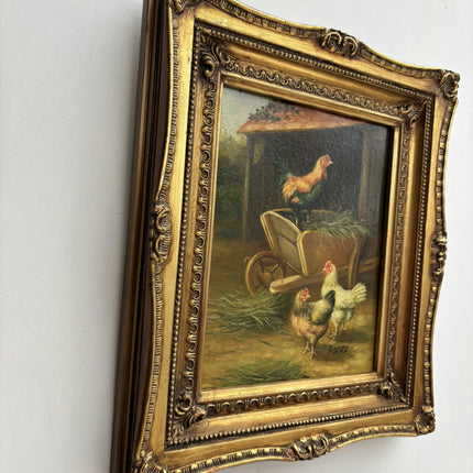 Handcrafted Animals Oil Painting "Rooster Perch" Vintage Small Artwork Holland Art Shop