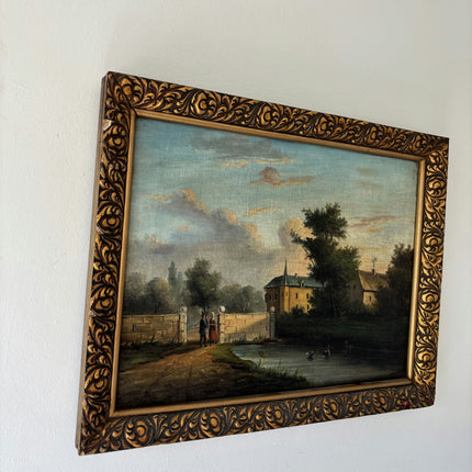 19th Century Antique Figurative Oil Painting "Country House" Belgium Artwork Holland Art Shop