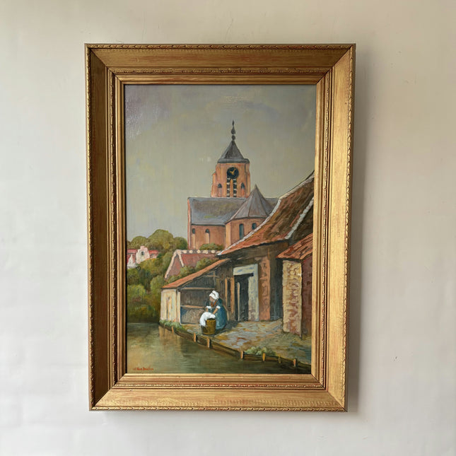 Vintage Cityscape Oil Painting "Church Tower" Original Belgique Art Holland Art Shop