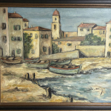 Expressive Harbor Scene Oil Painting "Boats Shoreline" Timeless Large Art Holland Art Shop