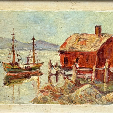 Traditional Harbor Scene Oil Painting "Red Boathouse" Handcrafted Small Art Holland Art Shop