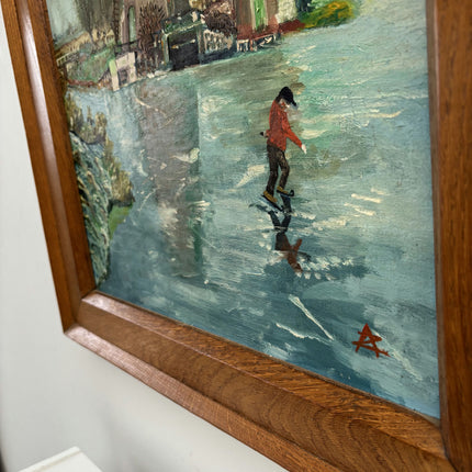 Fine Oil Painting Winter Landscape "Windmill Reflection" Handcrafted Large Art