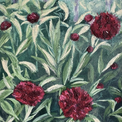 Classic Landscape Oil Painting "Red Flowers" Rustic Small Artwork Holland Art Shop