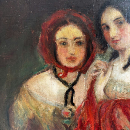 19th Century Antique Figurative Oil Painting "Two Women" Belgique Artwork Holland Art Shop