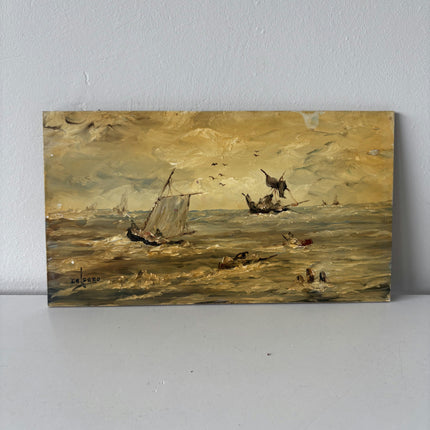 Vintage Seascape Oil Painting "Sailing Boats" Rustic Small Artwork Holland Art Shop