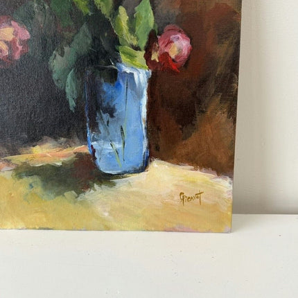 Handcrafted Flowery Still Life Oil Painting "Blue Vase" Elegant Small Art Holland Art Shop