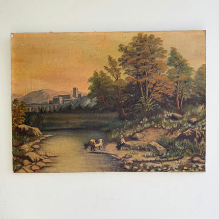 1916 Antique Landscape Oil Painting "Grazing Cow" Art Holland Art Shop