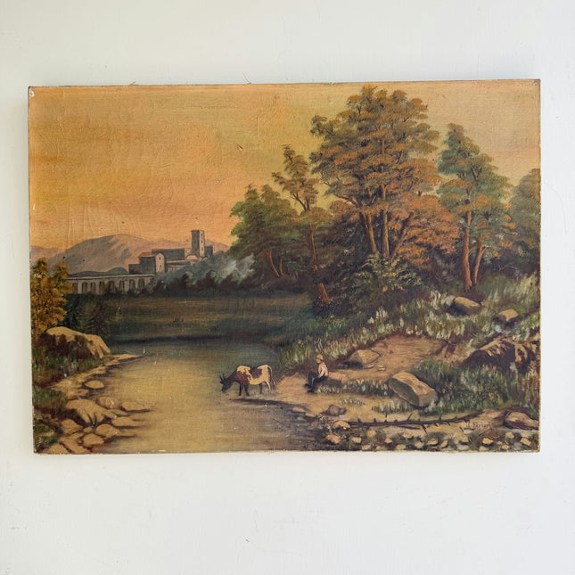 1916 Antique Landscape Oil Painting "Grazing Cow" Art Holland Art Shop