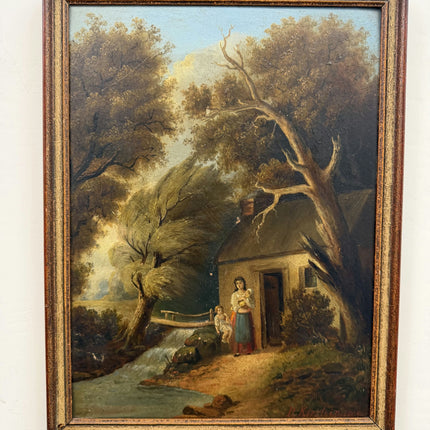 1804 Antique Landscape Oil Painting "Woman Figure" Small Art Holland Art Shop