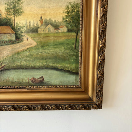 19th Century Antique Landscape Oil Painting "Thatched Cottage" Large Art Holland Art Shop