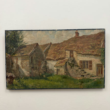 1915 Antique Cityscape Oil Painting "Thatched Roof" Artwork Holland Art Shop