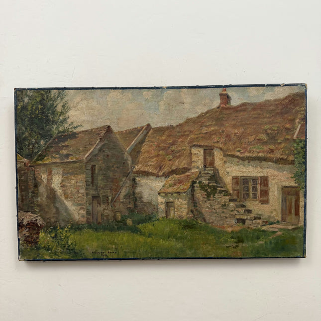 1915 Antique Cityscape Oil Painting "Thatched Roof" Artwork Holland Art Shop