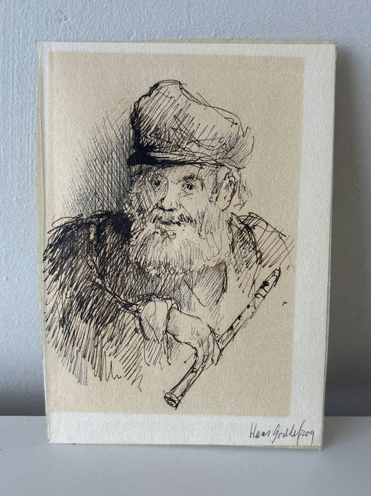 Striking Portrait Ink Drawing "Bearded Musician" Original Small Artwork