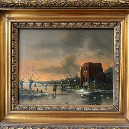 Vintage Oil Painting Winter Landscape "Ice Fishing Scene" Handcrafted Small Art Holland Art Shop