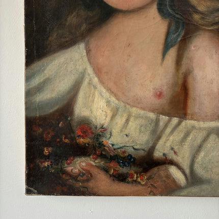 1885 Antique Portrait Oil Painting "Blue Ribbon Girl" Artwork Holland Art Shop
