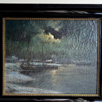 Romain Steppe Elegant Harbor Scene Oil Painting "Sailboat Moon" Rustic Artwork Holland Art Shop