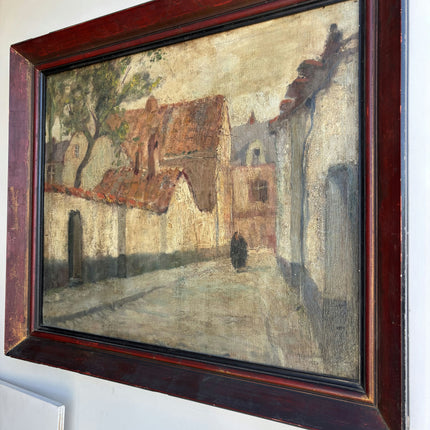 1886 Antique Cityscape Oil Painting "Village Street" Artwork Holland Art Shop
