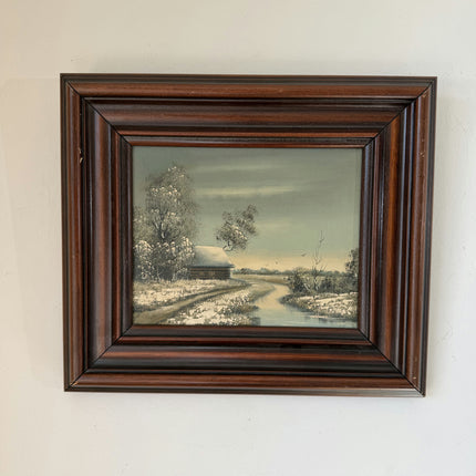 Vintage Oil Painting Winter Landscape "Snowy Cottage" Wonderful Small Artwork Holland Art Shop