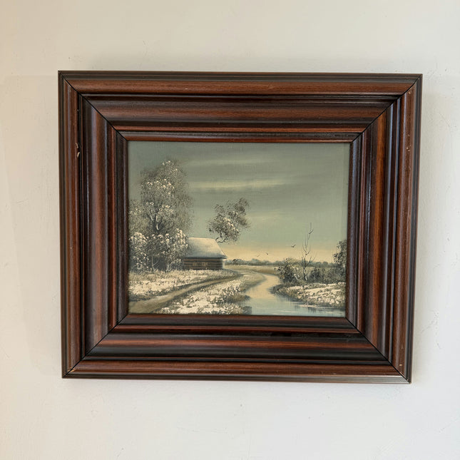 Vintage Oil Painting Winter Landscape "Snowy Cottage" Wonderful Small Artwork Holland Art Shop