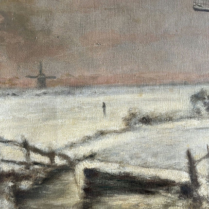 Vintage Landscape Oil Painting "Windmill Pair" Original Dutch Artwork Holland Art Shop