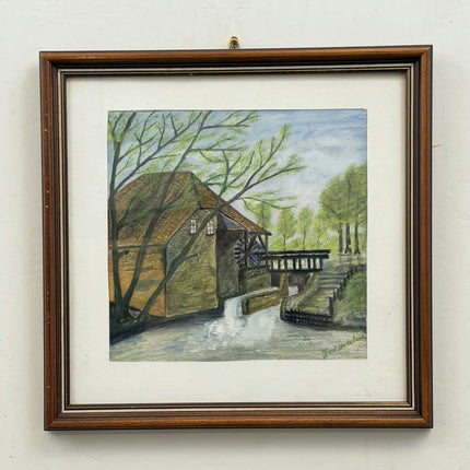 Classic Landscape Aquarel "Watermill House" Detailed Small Artwork Holland Art Shop
