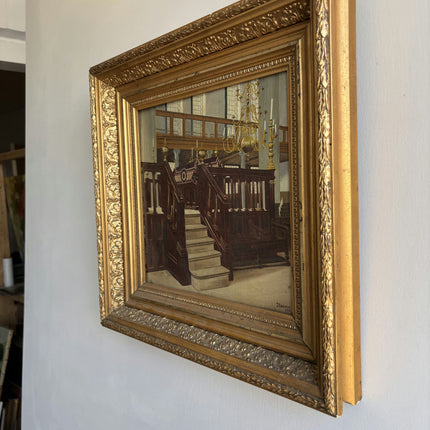 1918 Antique Church Interior Oil Painting "Gilded Frame" Dutch Art Holland Art Shop