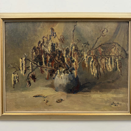 1921 Antique Floral Still Life Oil Painting "Vase With Catkins" Artwork Holland Art Shop