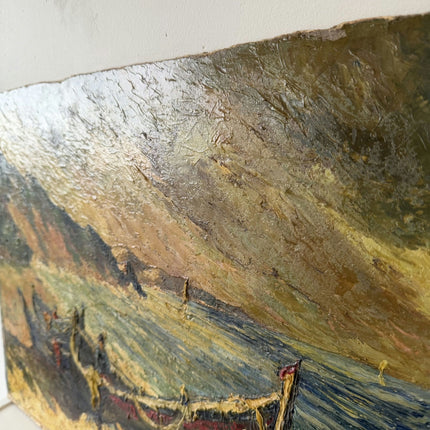 Traditional Harbor Scene Oil Painting "Beached Boats" Rustic Artwork Holland Art Shop