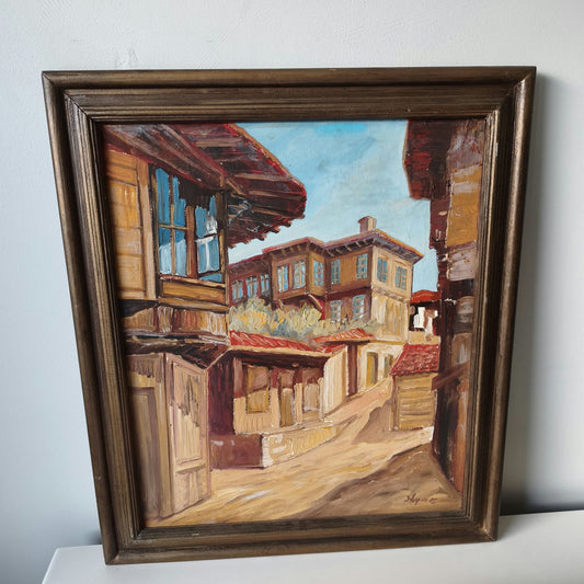 Sunlit Historic Village Oil Painting Street Original Vintage Artwork Signed