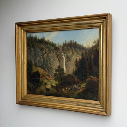 19th Century Antique Landscape Oil Painting "Waterfall Cliff" Art Holland Art Shop