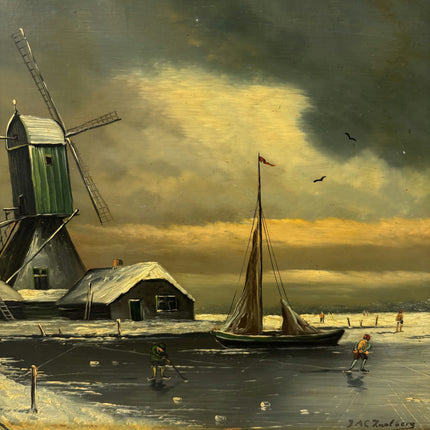 Rustic Winter Landscape Oil Painting "Green Windmill" Classic Small Art Holland Art Shop