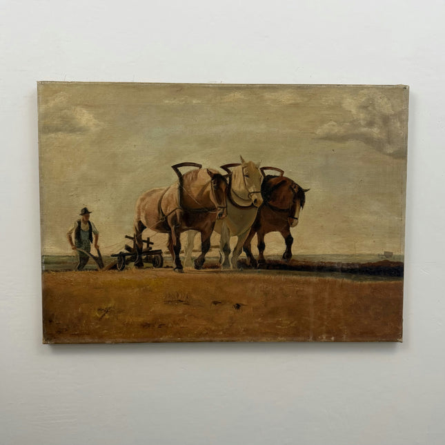 Handcrafted Animals Oil Painting "Plough Horses" Vintage Art Holland Art Shop