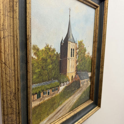 Handcrafted Cityscape Oil Painting "Village Church" Traditional Small Artwork Holland Art Shop