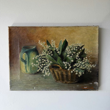 Detailed Flowery Still Life Oil Painting "Lily Basket" Vintage Small Art Holland Art Shop