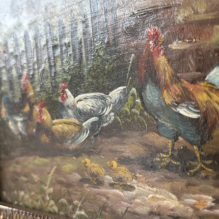 Antique Oil Painting Animals "Flock Of Chickens" Intriguing Small Art Holland Art Shop