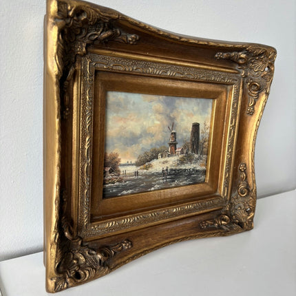 19th Century Oil Painting Winter Landscape "Windmill Scene" Small Artwork Holland Art Shop