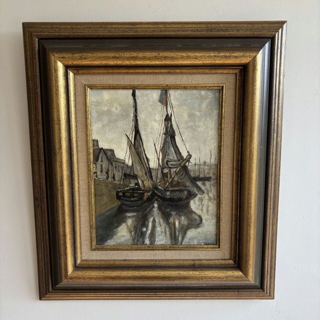 Authentic Seascape Oil Painting "Docked Boats" Rustic Artwork Holland Art Shop